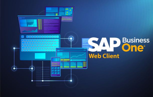 Imagem com ilustrações de diversos dispositivos tecnológicos com o logo do Web Client SAP Business One